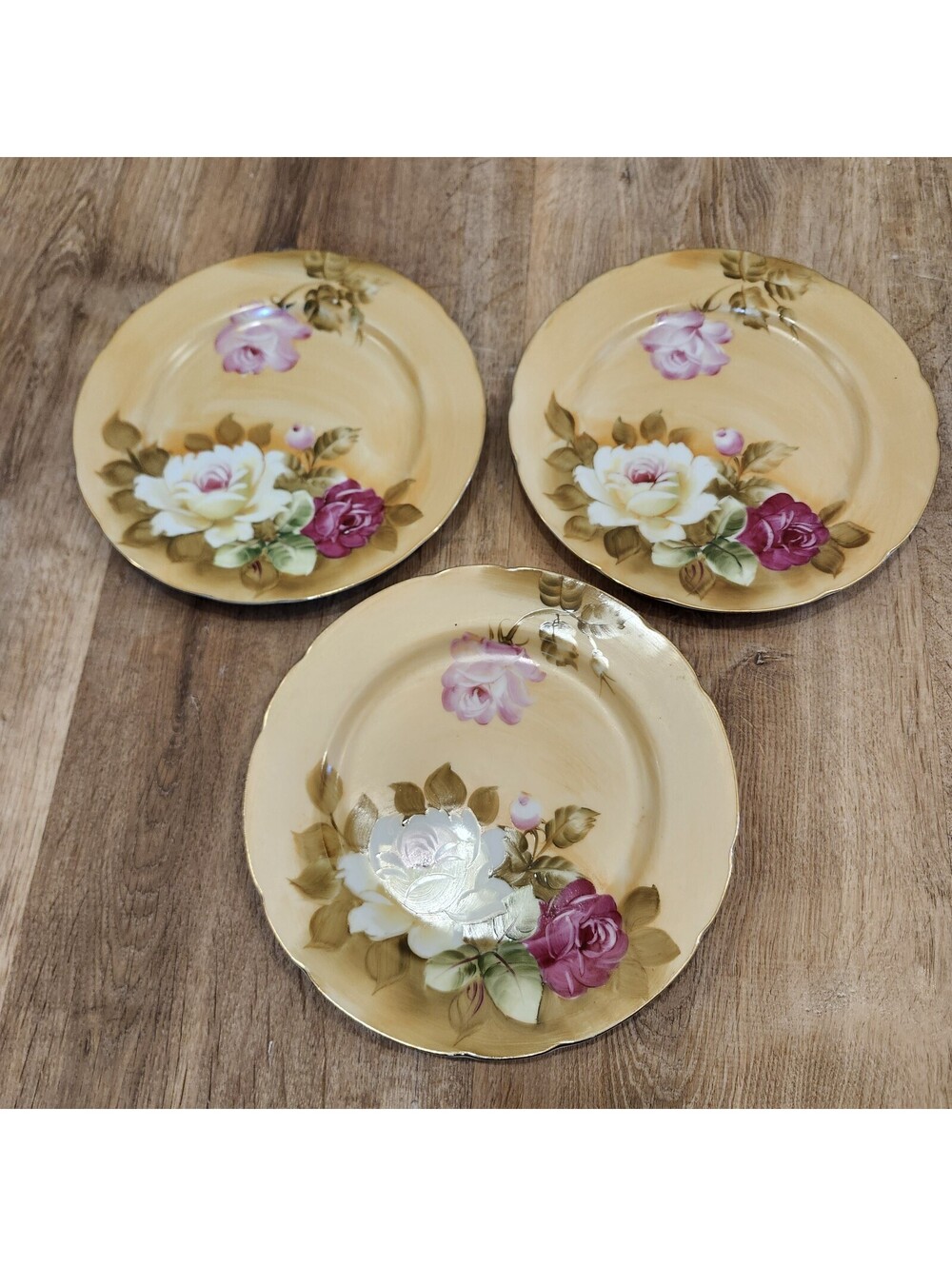 SET OF 3 VINTAGE 1984 LEFTON CHINA SALAD PLATE 9-1/8" BROWN HERITAGE #4158 JAPAN